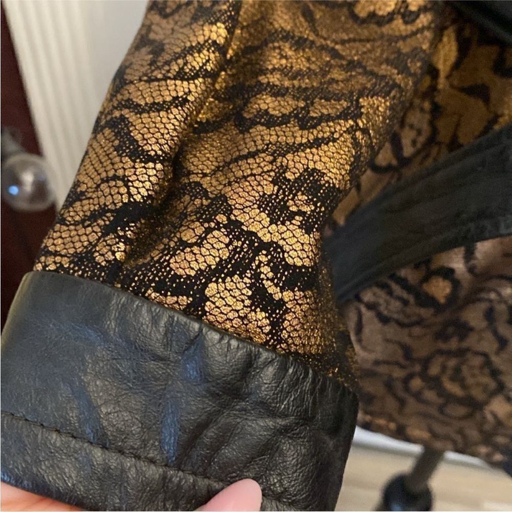 All genuine leather lace print gold/black belted jacket, M - Picture 3 of 8